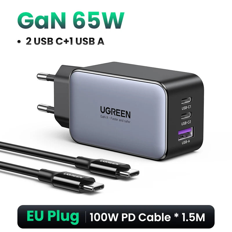 Carregador UGREEN 65W GaN Quick Charge 4.0 3.0 USB C Carregador para iPhone 16 15 14 Pro Max Laptop Macbook Air Tablet PD Carregador rápido