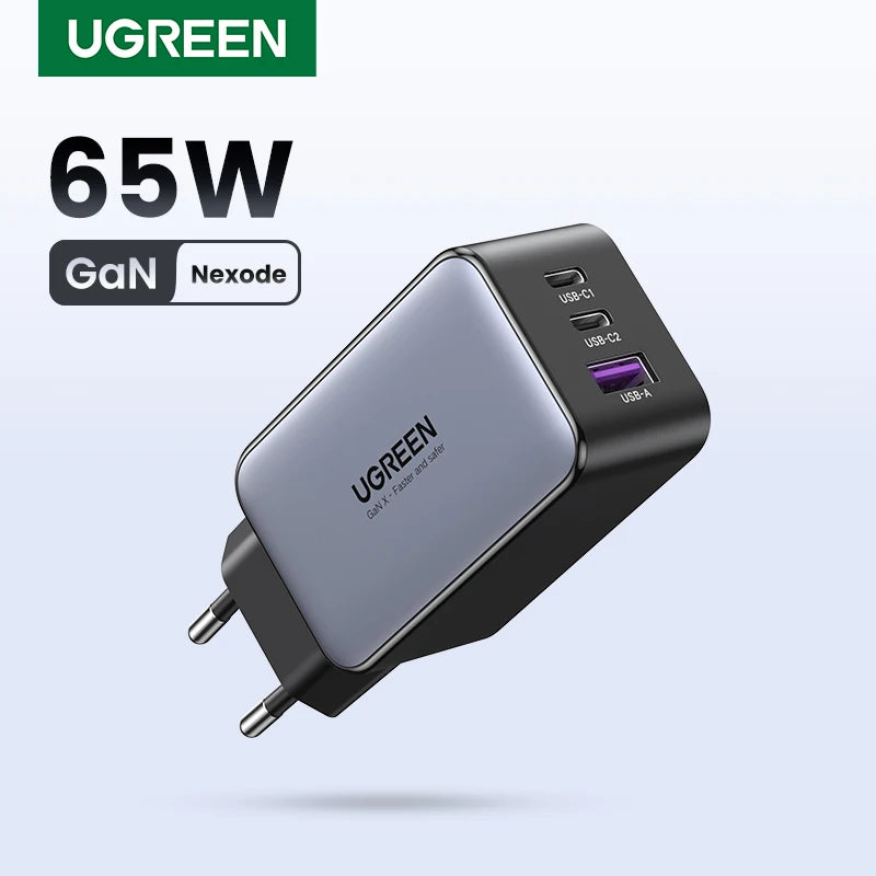 Carregador UGREEN 65W GaN Quick Charge 4.0 3.0 USB C Carregador para iPhone 16 15 14 Pro Max Laptop Macbook Air Tablet PD Carregador rápido