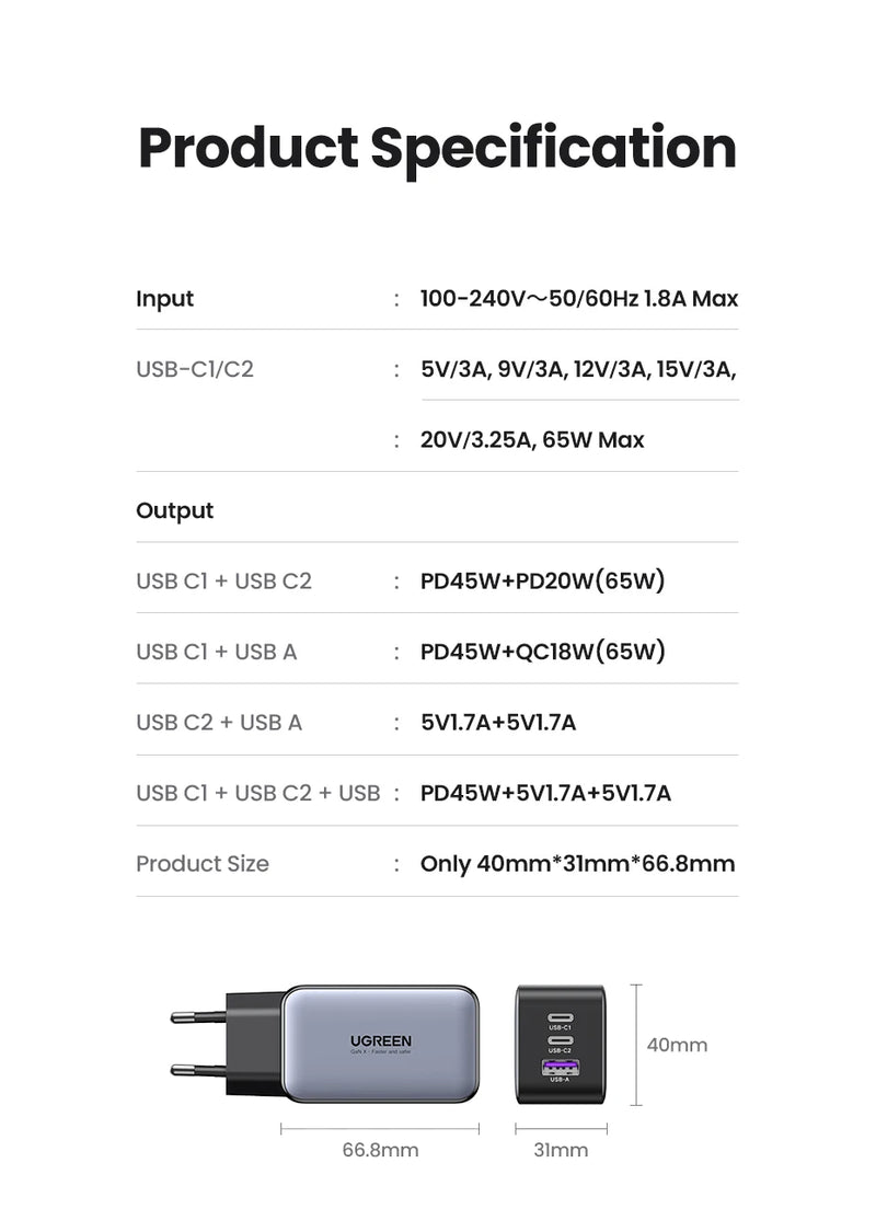 Carregador UGREEN 65W GaN Quick Charge 4.0 3.0 USB C Carregador para iPhone 16 15 14 Pro Max Laptop Macbook Air Tablet PD Carregador rápido