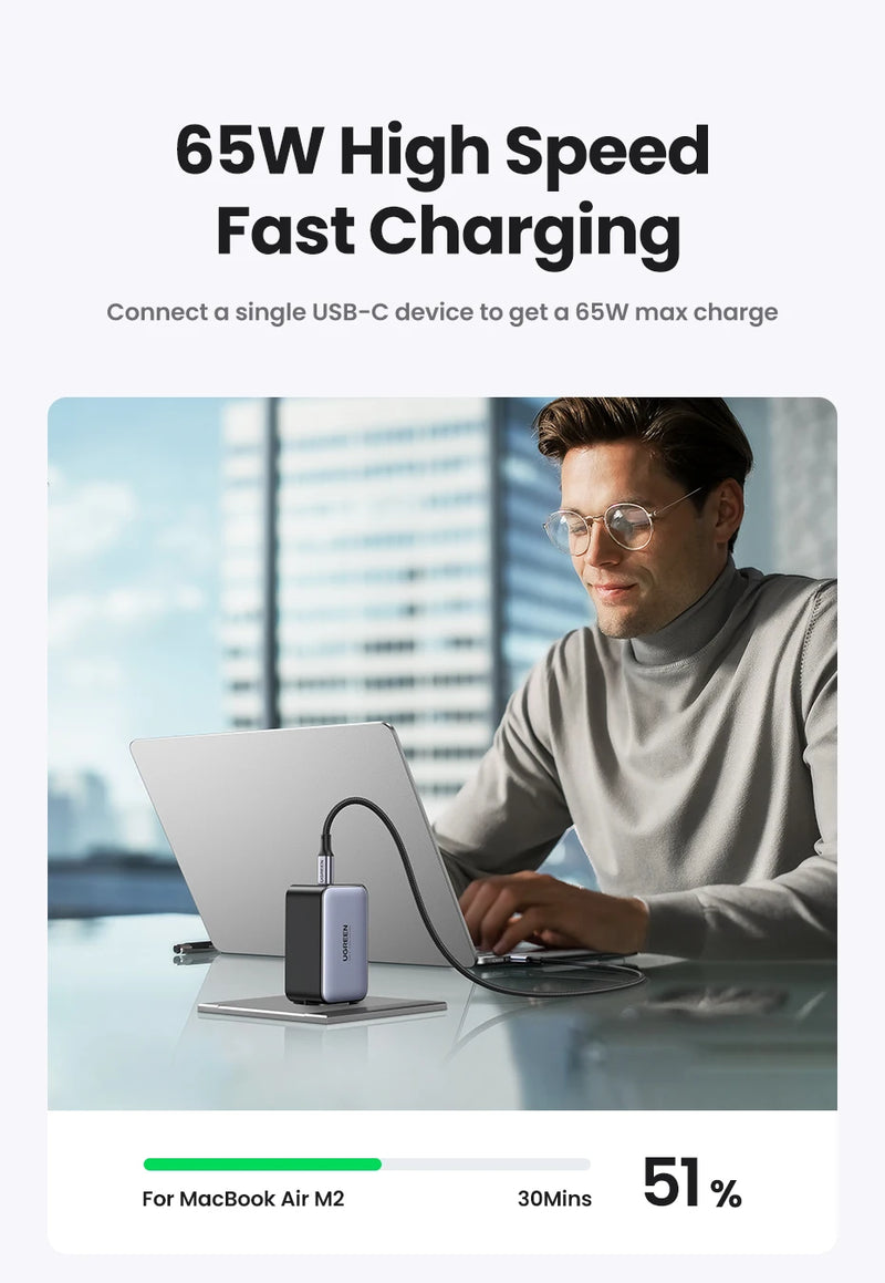 Carregador UGREEN 65W GaN Quick Charge 4.0 3.0 USB C Carregador para iPhone 16 15 14 Pro Max Laptop Macbook Air Tablet PD Carregador rápido