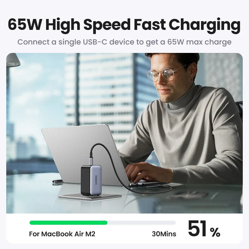 Carregador UGREEN 65W GaN Quick Charge 4.0 3.0 USB C Carregador para iPhone 16 15 14 Pro Max Laptop Macbook Air Tablet PD Carregador rápido