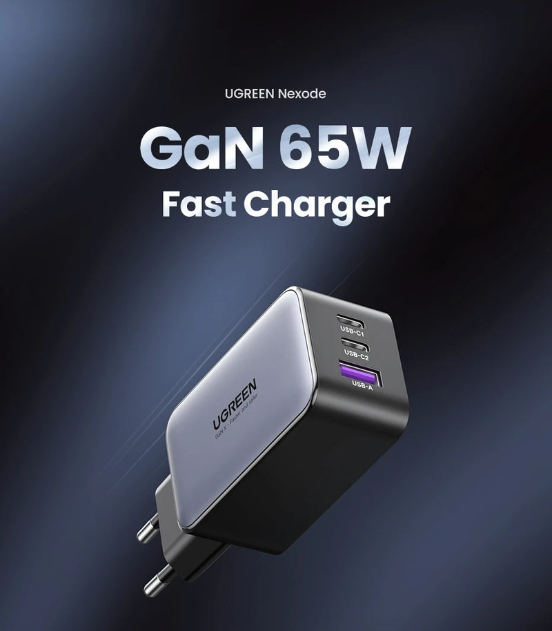 Carregador UGREEN 65W GaN Quick Charge 4.0 3.0 USB C Carregador para iPhone 16 15 14 Pro Max Laptop Macbook Air Tablet PD Carregador rápido